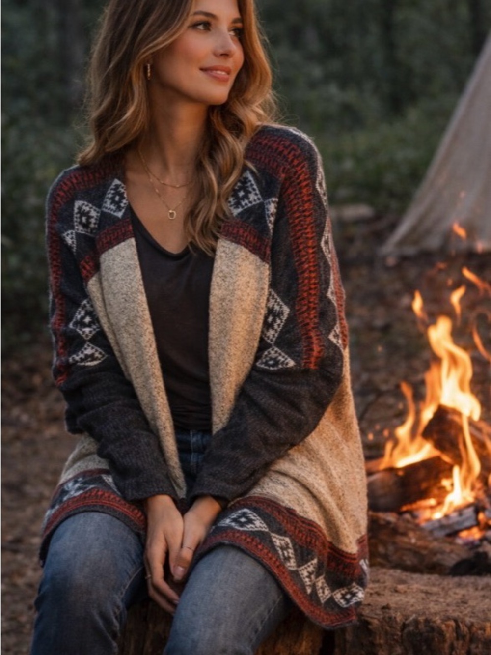 Cozy Patterned Open-Front Cardigan Sweater - Cream, Charcoal & Rust